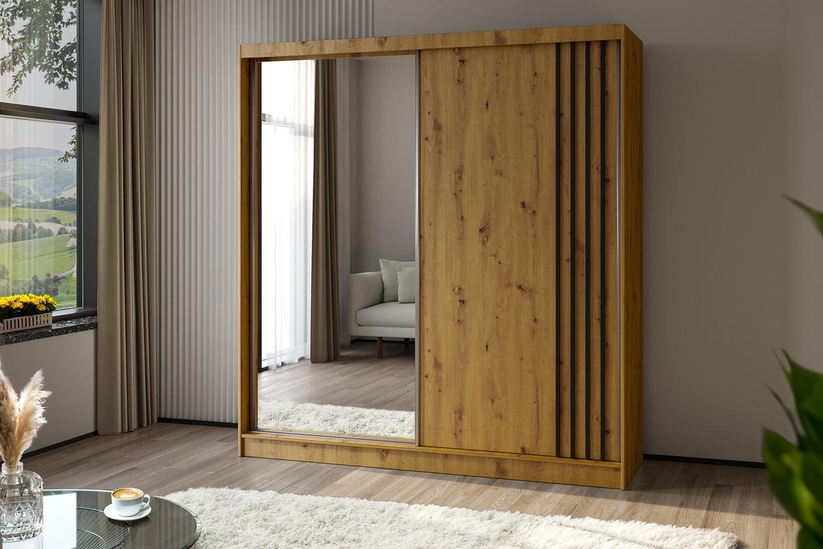 KLEIDERSCHRANK mit Spiegel-Schiebetüren und Aluminium-Leisten, LED-Beleuchtung - NALLA - 200 cm Artisan+Artisan+Schwarz - Schwarz/Eiche Artisan, Holzwerkstoff (200/216/61cm) - ALTDECOR