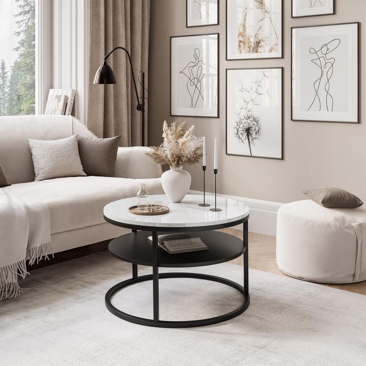 COUCHTISCH CIRI SLIM mit Regal Hochglanz - Schwarz/Weiß, Holzwerkstoff (60/60/42cm) - Lookway