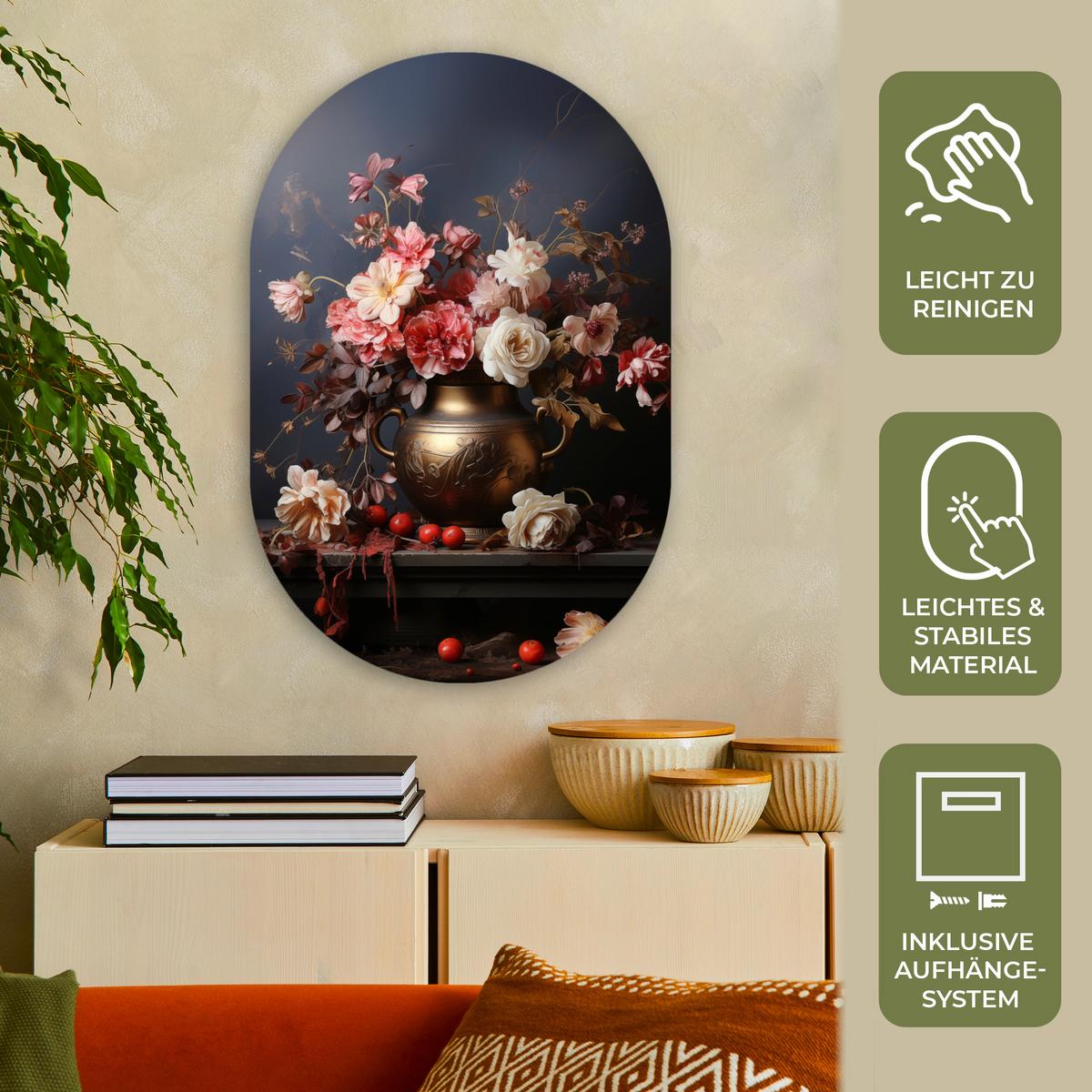 WANDBILD Stilleben - Blumen - Rosen - Blumenstrauß - Vase Wanddeko Schlafzimmer 60x90 cm - Dunkelbraun, Kunststoff (60/90cm) - MuchoWow