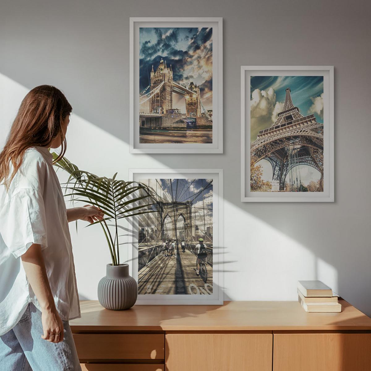 BILDER SET 3er Set - 40x60 cm Weißer Rahmen - Brücken, Türme, europäische Städte - Weiß, Kunststoff (40/60cm) - TULUP