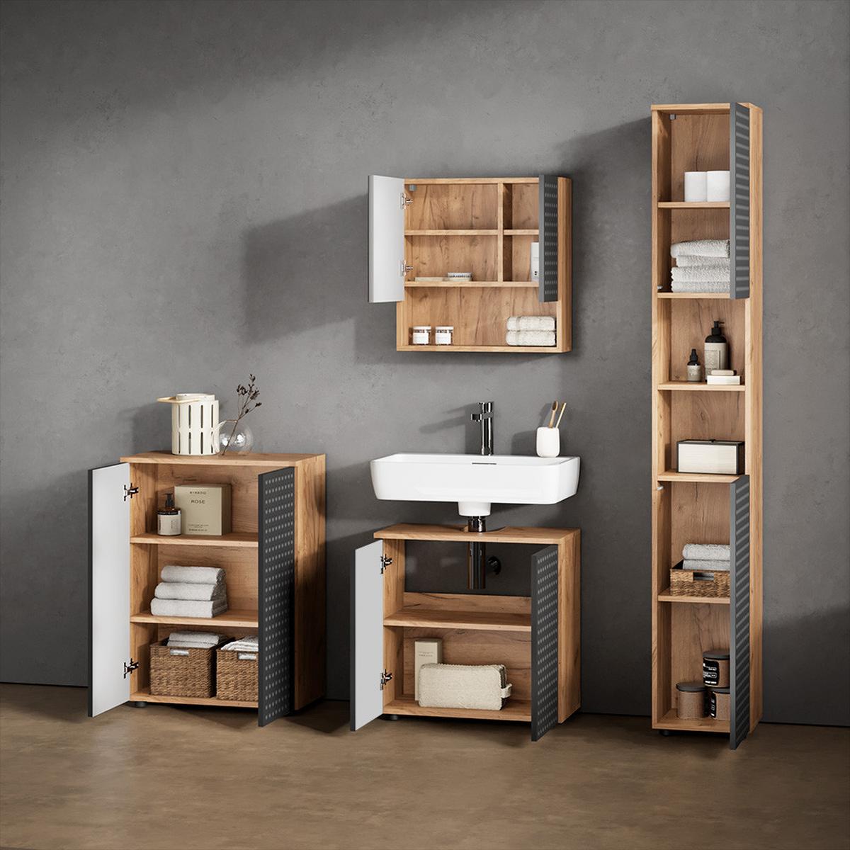 BADMÖBEL-SET Ronco Anthrazit gepunktet 4 Teile, mit Hochschrank und Kommode - Anthrazit, Holzwerkstoff (60/59/30cm) - Livinity®