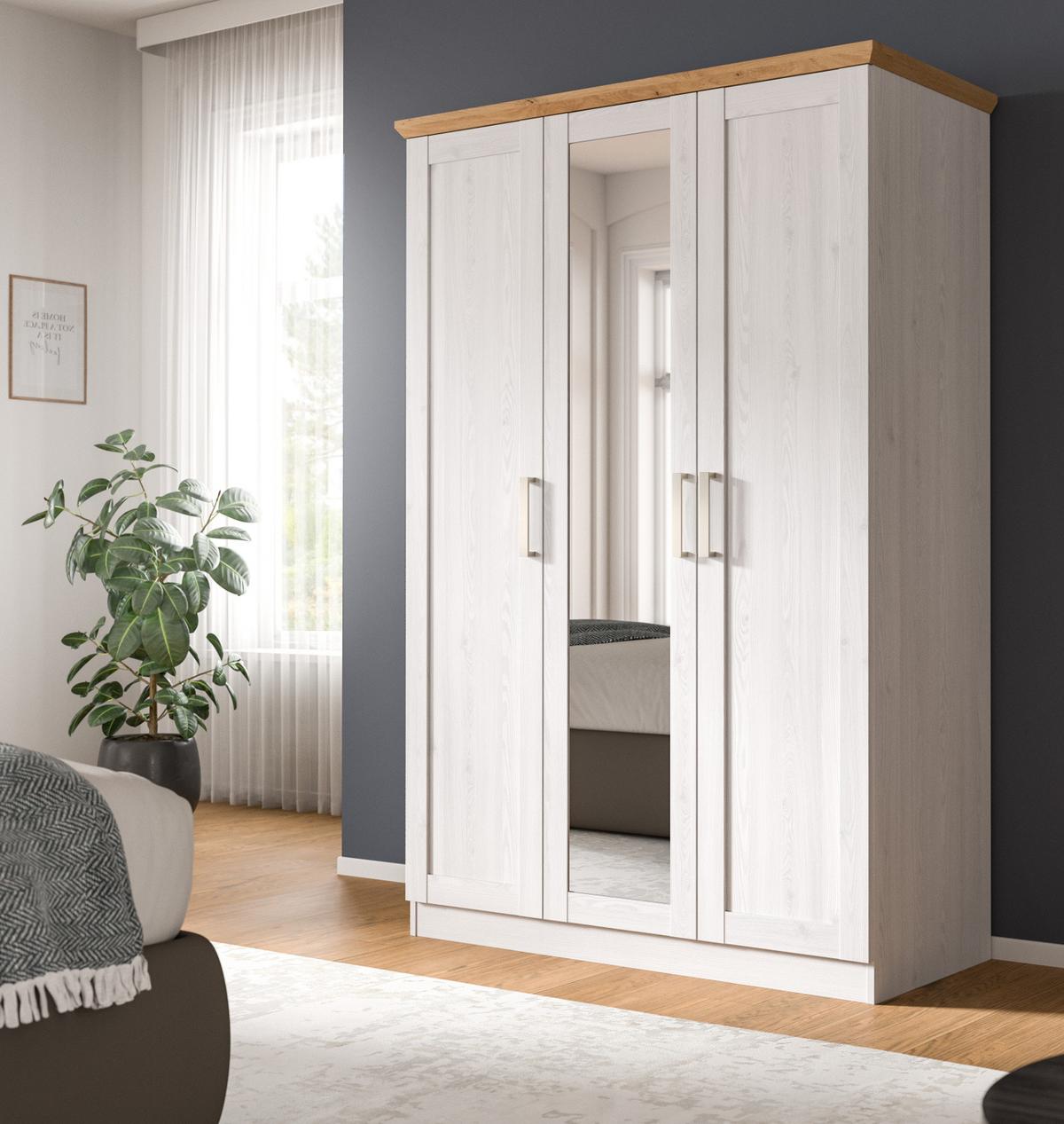 KLEIDERSCHRANK weiß Lärche, Eiche Artisan 3-türig 124 cm, Drehtürenschrank im Landhaus-Stil - Beige/Lärchefarben, Glas/Holzwerkstoff (124/185/54cm) - Inn.Furn
