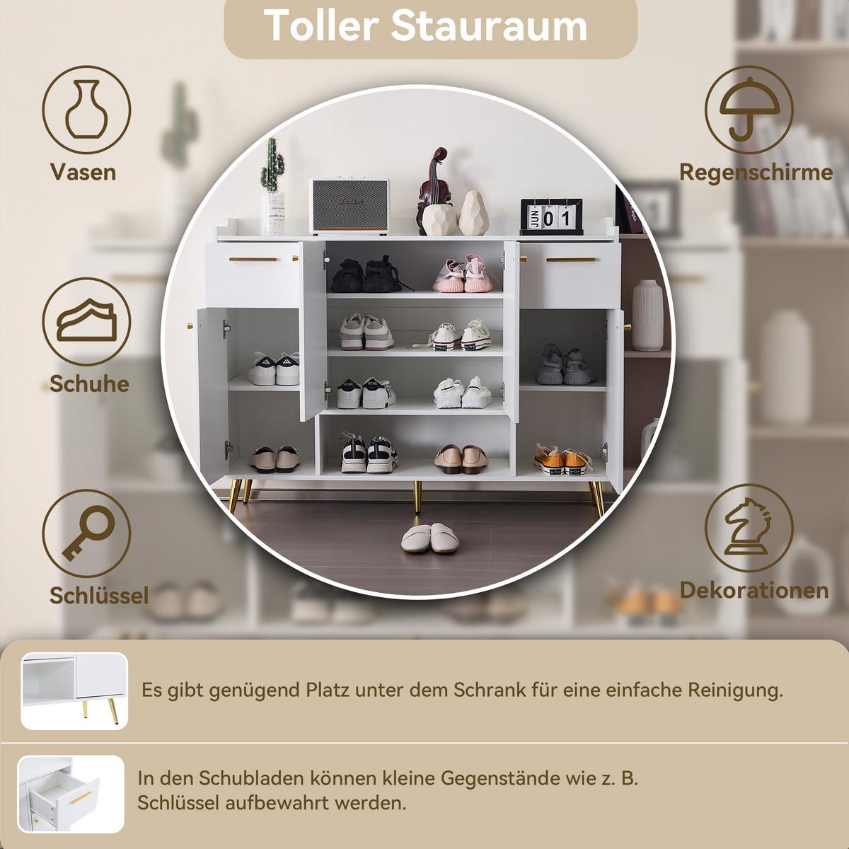 SCHUHREGAL 130 cm Weiß mit 2 Schubladen, 4 Türen & Metallfüßen - Weiß, Holzwerkstoff (130/100/37cm) - Urban Meuble