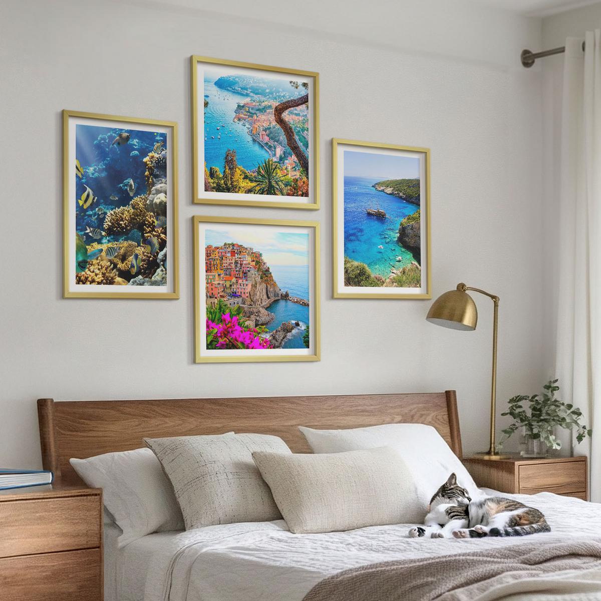 BILDER SET 4er Set - 50x50 cm & 40x60 cm Goldrahmen - Meerblick, farbenfrohe Häuser - Goldfarben, Kunststoff (50/50cm) - TULUP