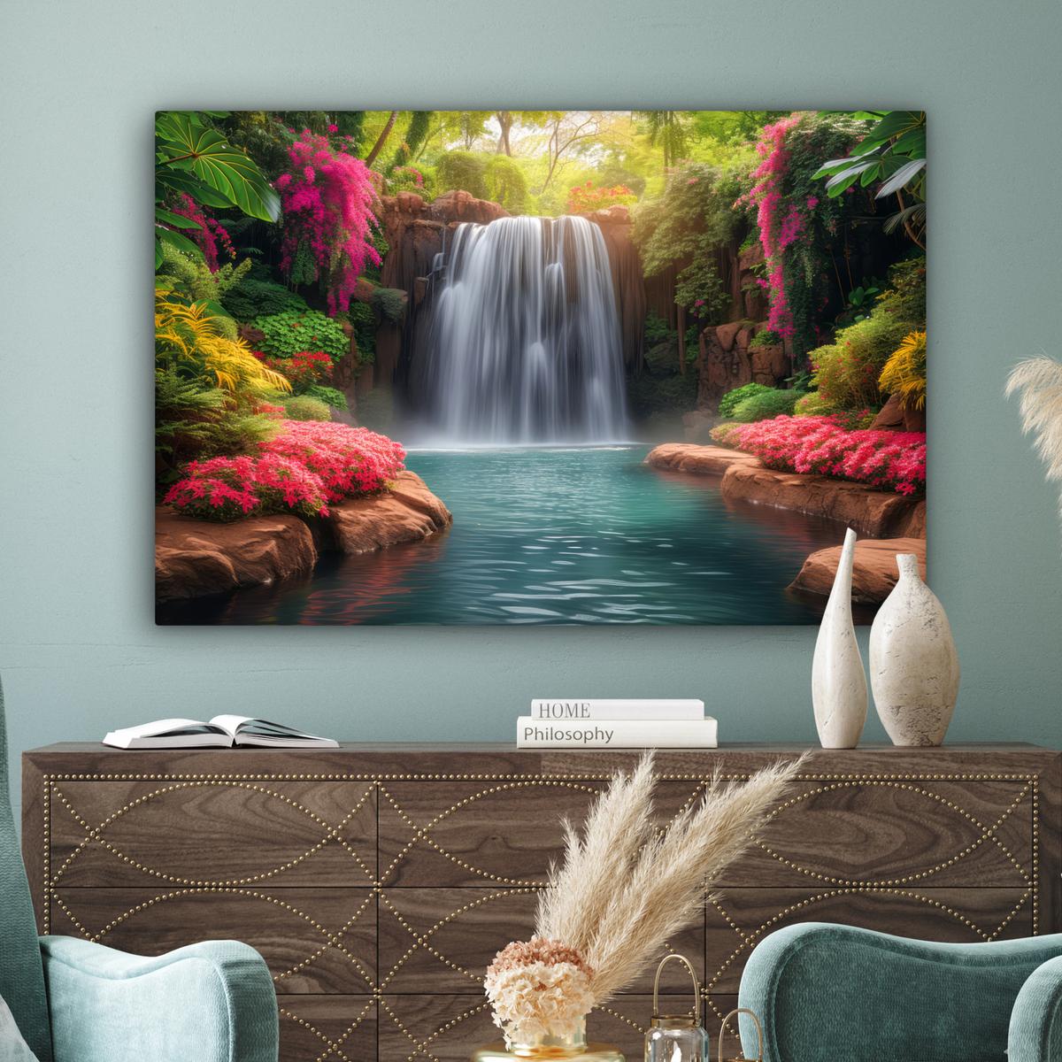 LEINWANDBILD Wasserfall - Natur - Pflanzen - Dschungel - Wasser XXL 150x100 cm - Grün, Textil (150/100cm) - MuchoWow