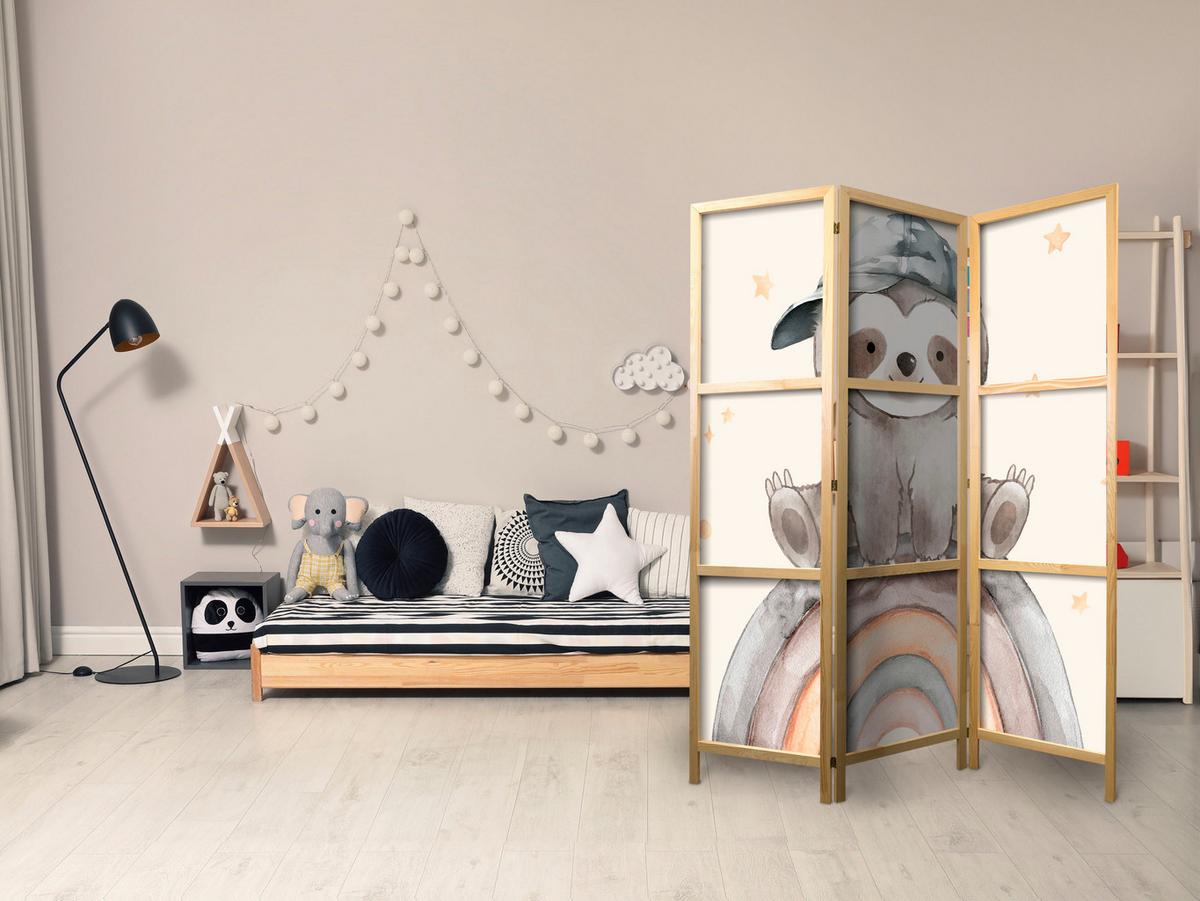 PARAVENT Japanischer 3-tlg 135x172 cm Faultier Regenbogen - Multicolor, Holz/Textil (135/172/3cm) - Muralo
