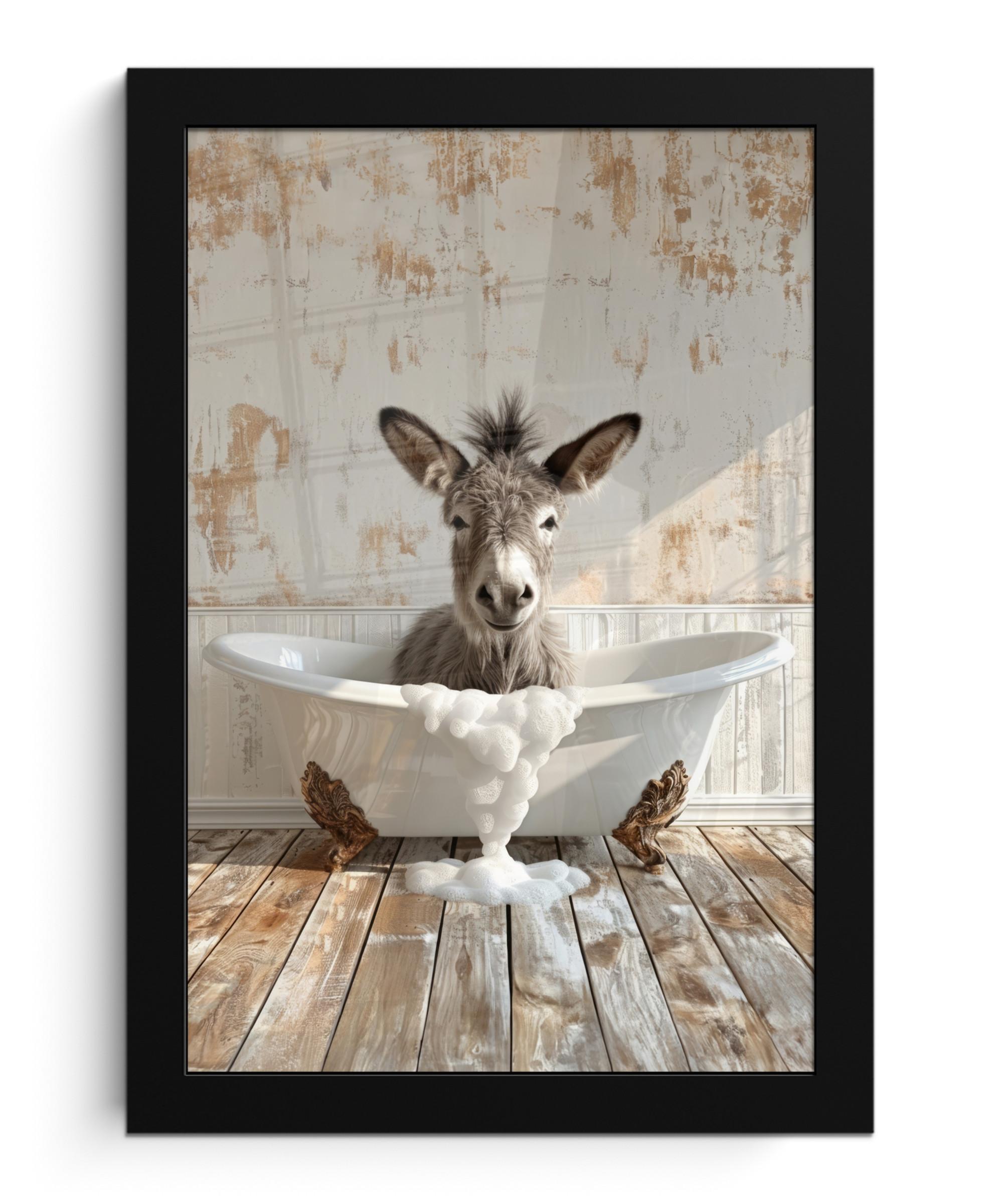 POSTER MIT RAHMEN Esel - Tiere - Badewanne - Schaumstoff Poster 20x30 cm - Weiß, Papier (20/30cm) - MuchoWow