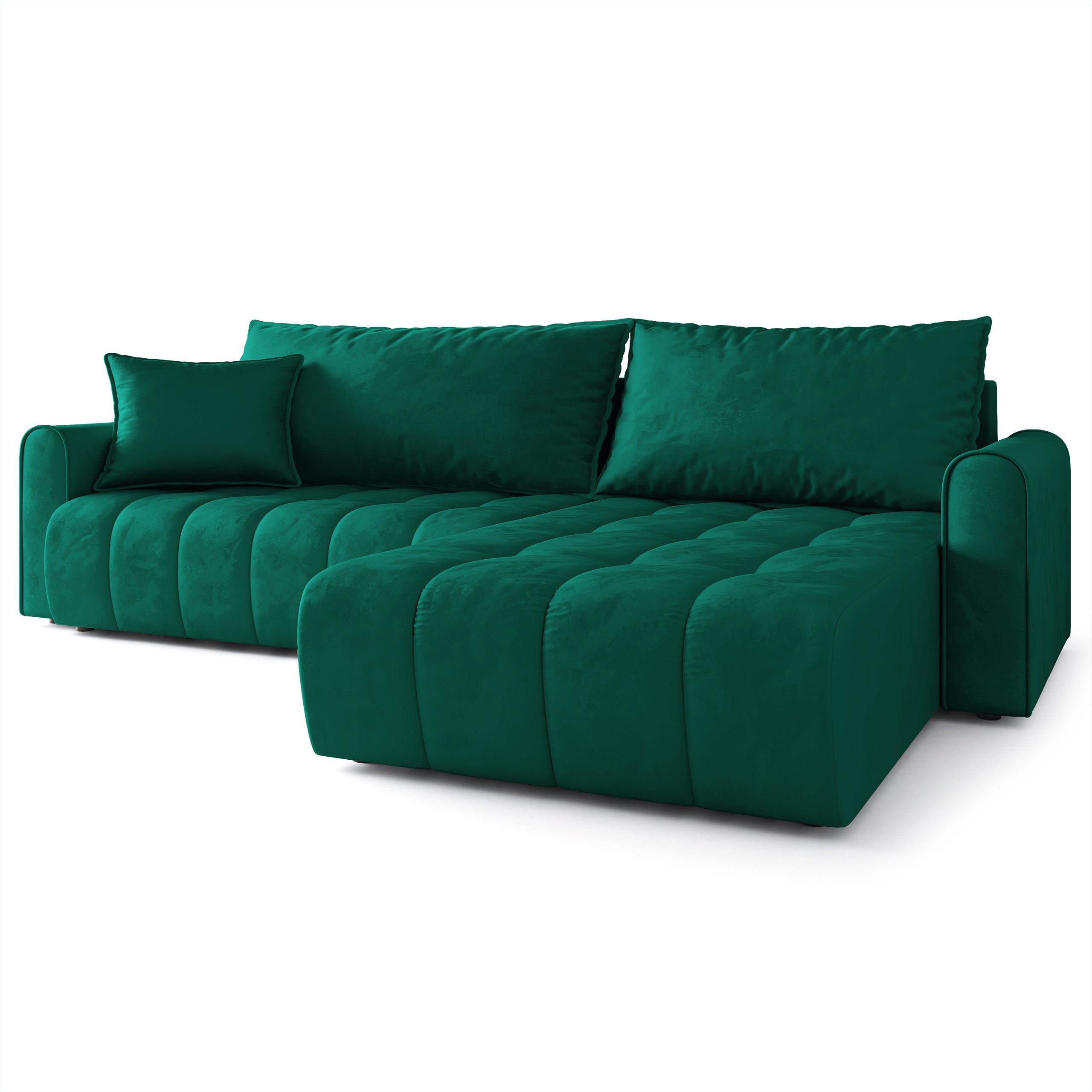 ECKSOFA FRIGA Grün Velours-Stoff mit Schlaffunktion - Grün, Holz (283/185cm) - MASSENO