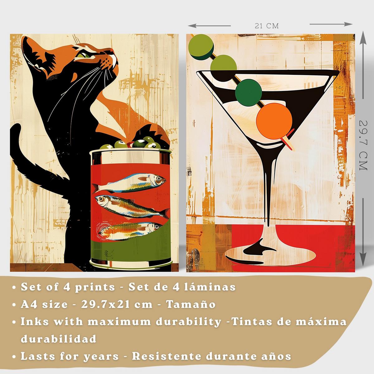POSTER 4er Set Küchen-Wandbilder Vintage Katze Sardinen Martini Wein und Pasta Retro Esszimmer Bar Deko Leichter Holzrahmen A4 - Beige, Papier (29.7/1/21cm) - Nacnic