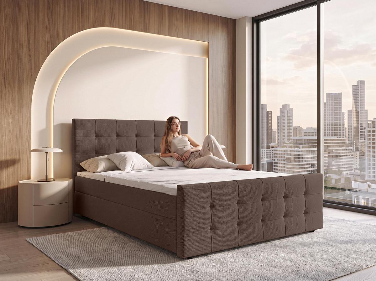 BOXBETT DEFNE 140x200 cm mit Fußteil und Matratze - Braun + TOPPER - Schwarz/Braun, Holz/Holzwerkstoff (140/200cm) - AX Living