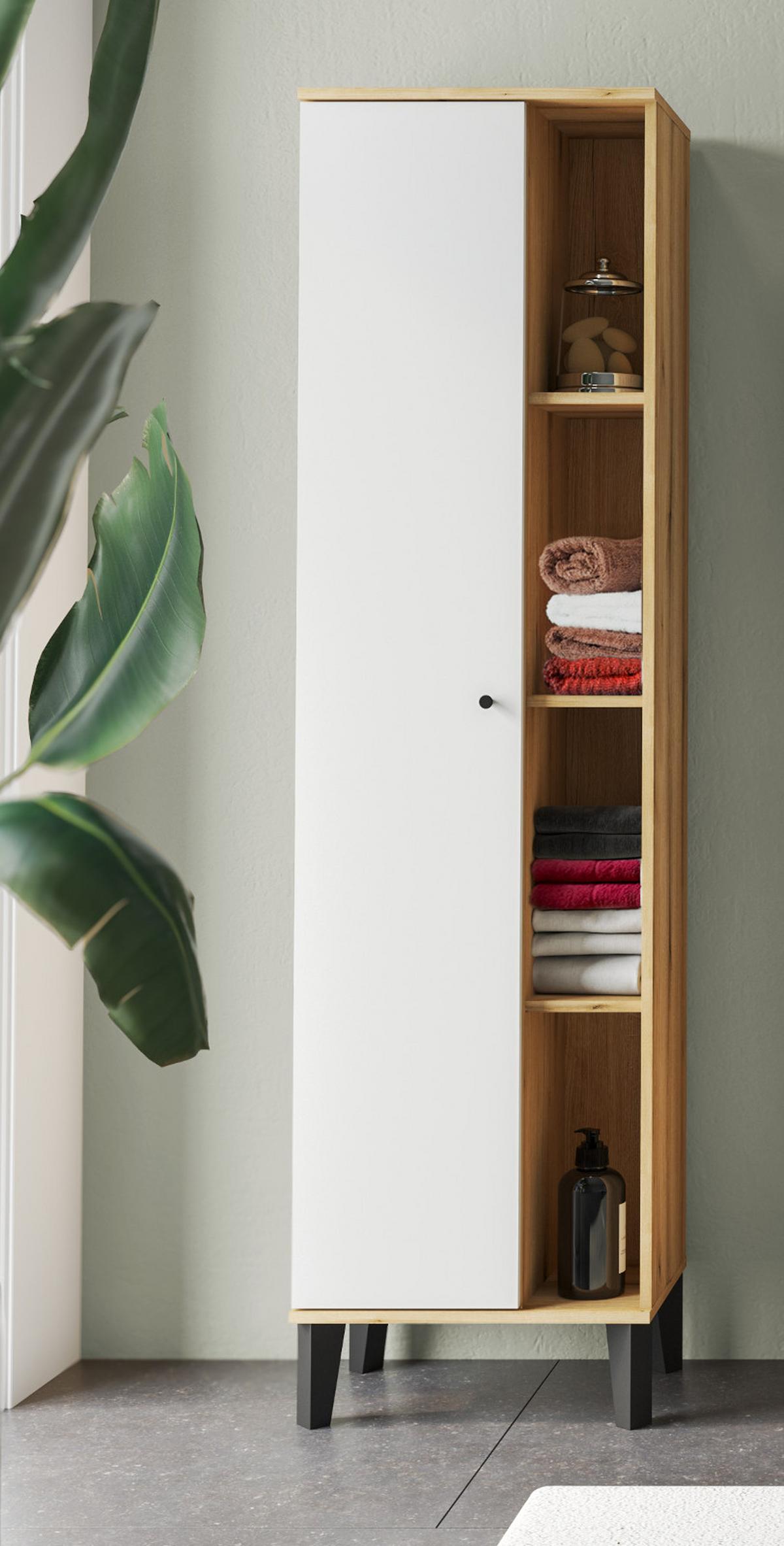 BAD-HOCHSCHRANK weiß, Evoke Eiche, Badschrank, 51 x 190 cm - Eichefarben/Schwarz, Holzwerkstoff/Kunststoff (51/190/33cm) - Furn.Design