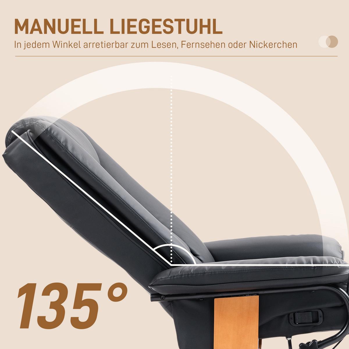 RELAXSESSEL Drehbar Fernsehsessel mit Liegefunktion, Fußstütze, Schwarz - Schwarz, Leder/Holzwerkstoff (88/103/78cm) - HOMCOM