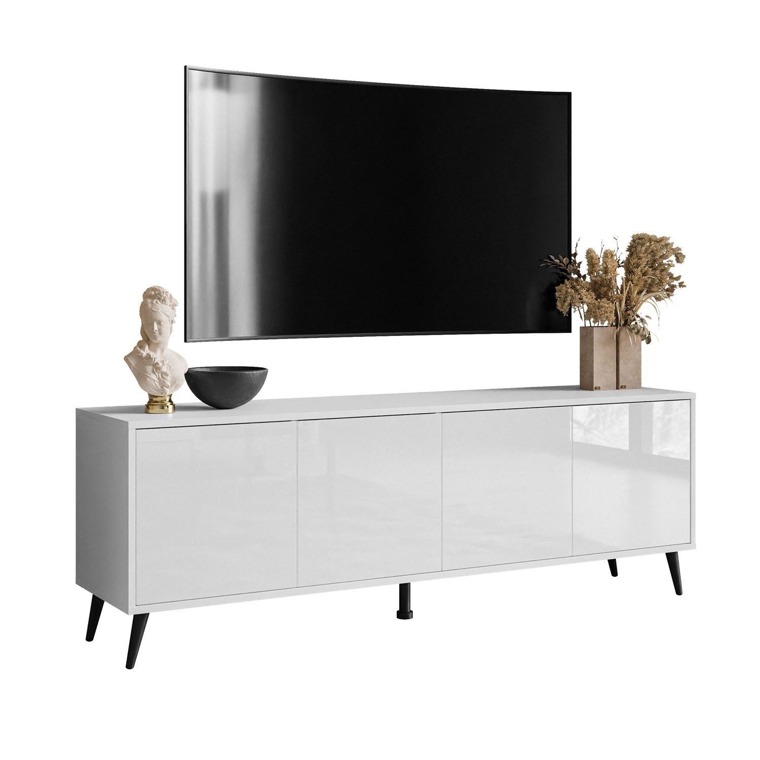 TV-ELEMENT SANAYI auf schwarzen Beinen Hochglanz Weiß - Weiß Hochglanz/Schwarz, Holzwerkstoff (156/54/38cm) - Lookway