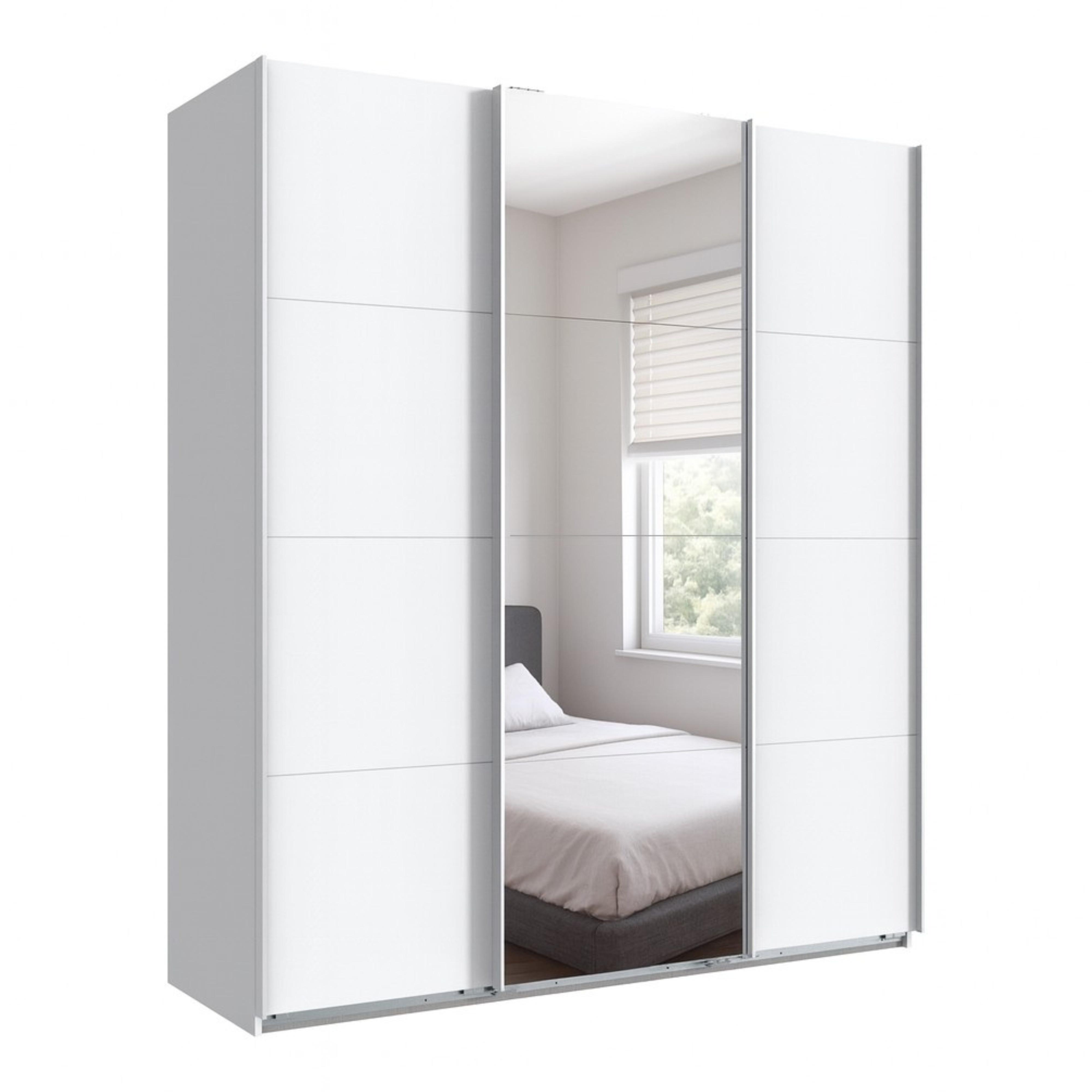 SCHWEBETÜRENSCHRANK 3-türig B180/H208/T64 cm in Weiß, Kleiderschrank mit einer Spiegeltür / 22511 - Weiß, Holzwerkstoff/Metall (180/208/64cm) - luma-home