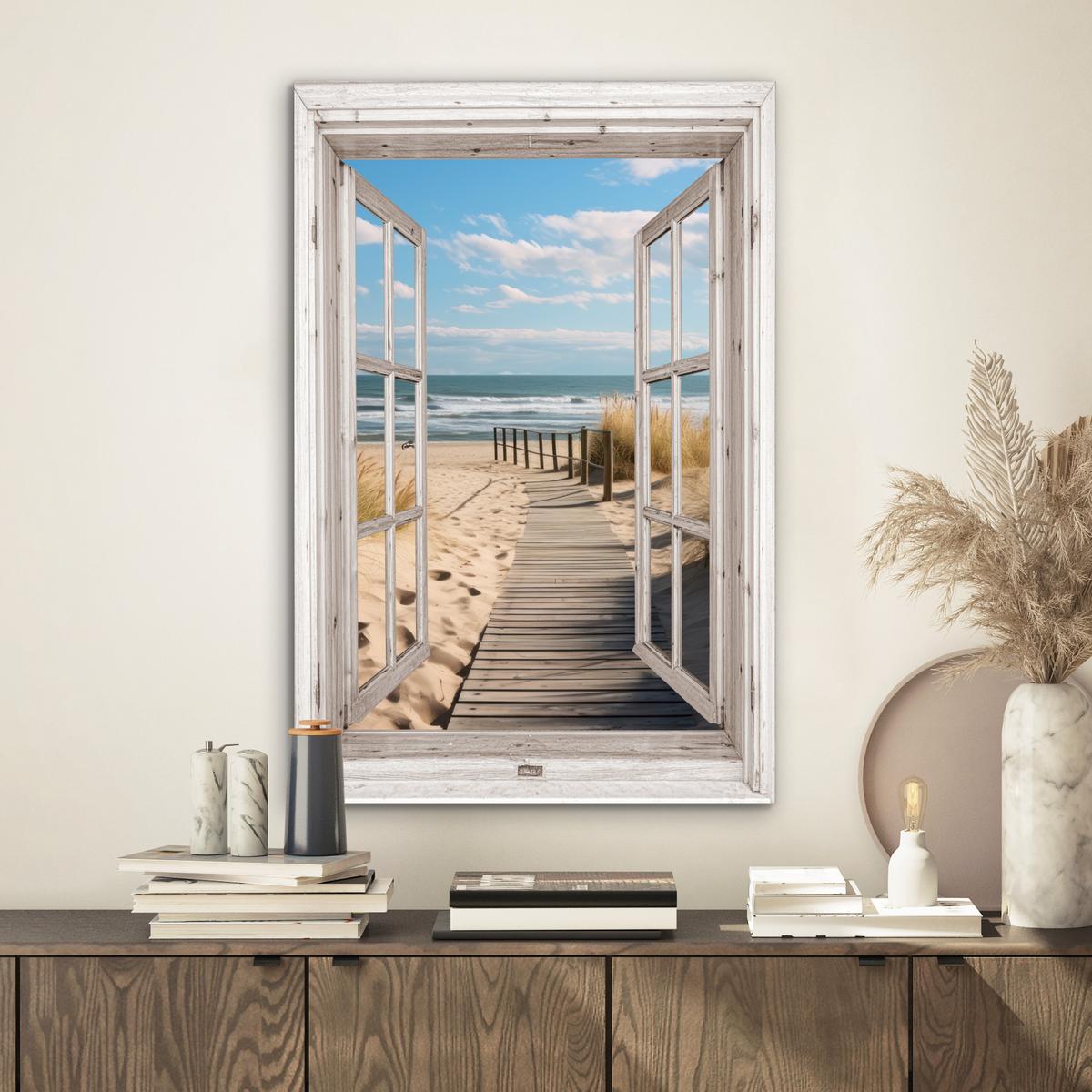 METALLBILD Fenster - Meer - Küste - Natur - Ausblick - Strand - Wattenmeer Deko Schlafzimmer 40x60 cm - Beige, Metall (40/60cm) - MuchoWow