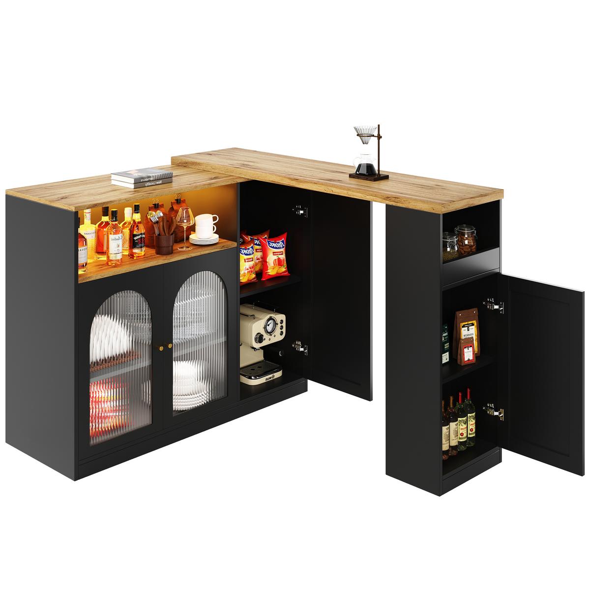 BARTISCH 360° Drehbar Schwarz & Holzoptik Barset mit LED, Glasschrank & Stauraum - Schwarz, Holzwerkstoff (39.6/197/100cm) - Urban Meuble