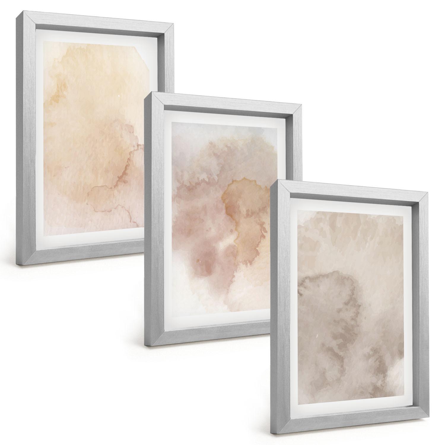 BILDER SET 3er Set - 20x30 cm Silberner Rahmen - Warme Aquarell-Pastelltexturen - Silberfarben, Kunststoff (20/30cm) - TULUP