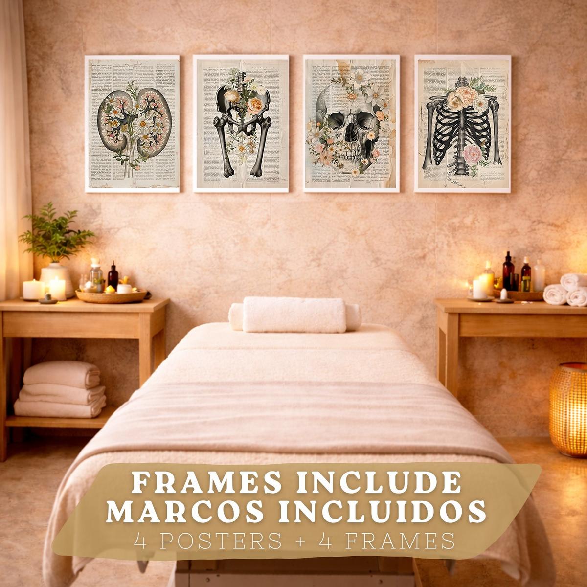 POSTER Set aus 4 Anatomie Drucke und Wandbilder mit Nieren Becken Knochen Hüfte Rippen Wirbelsäule Schädel Antiker Buch Stil Größe Weißer Rahmen A4 - Weiß, Papier (21/29.7/3cm) - Nacnic