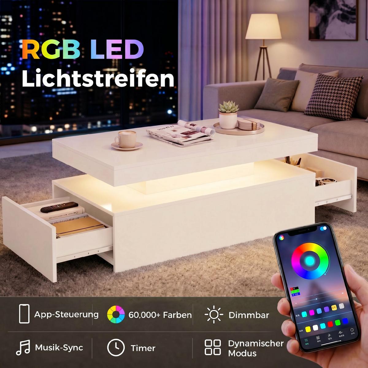 COUCHTISCH Spanplatte Hochglanzweiß - Weiß Hochglanz, Holzwerkstoff (100/50/40cm) - HOMCOM