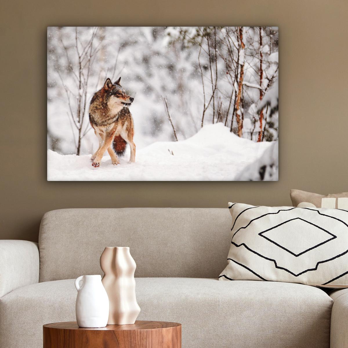 LEINWANDBILD Wolf - Winter - Schnee - Natur - Tiere Wanddeko 90x60 cm - Haselnussfarben, Textil (90/60cm) - MuchoWow