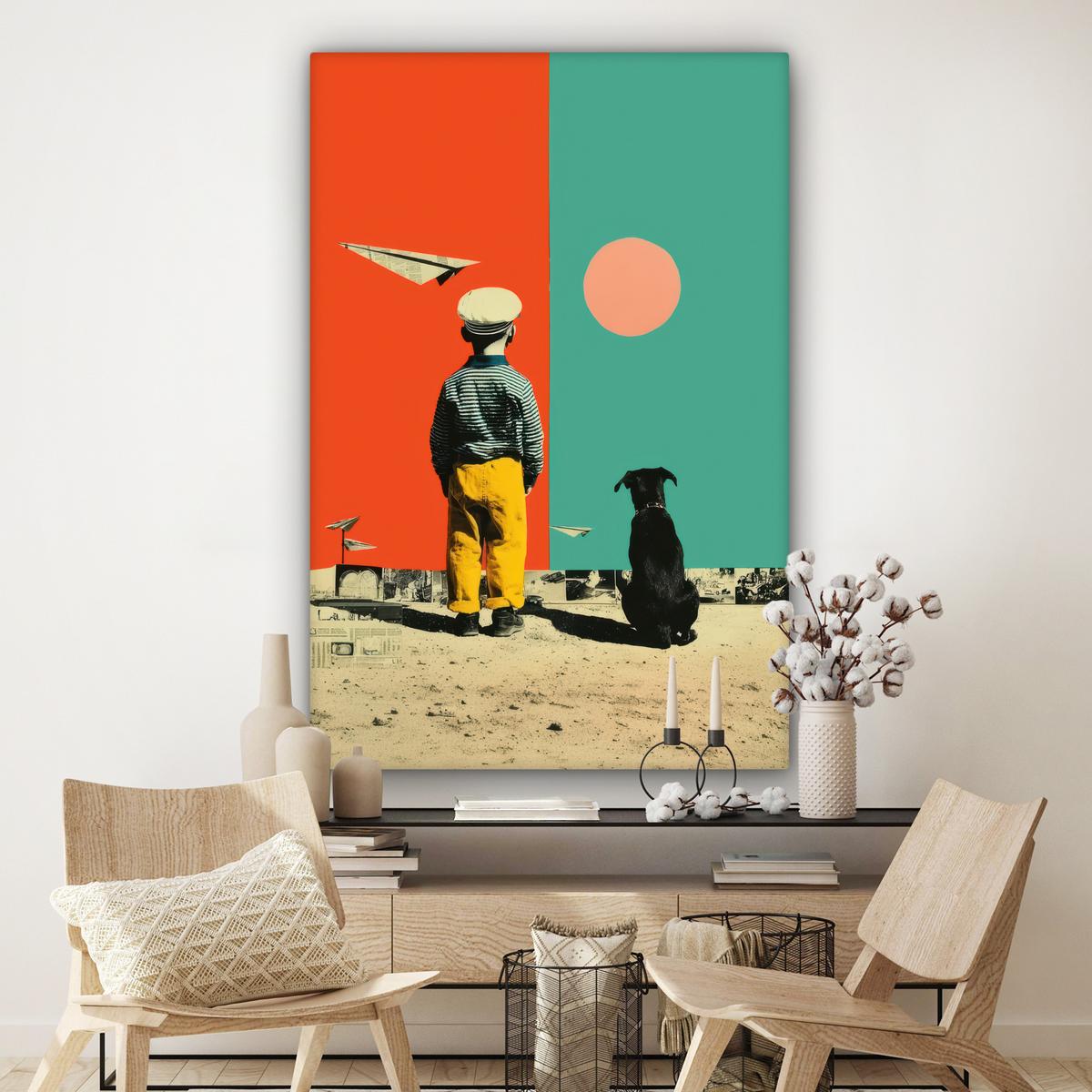 LEINWANDBILD Retro - Junge - Hund - Rot - Grün Deko Groß 90x140 cm - Orange, Textil (90/140cm) - MuchoWow