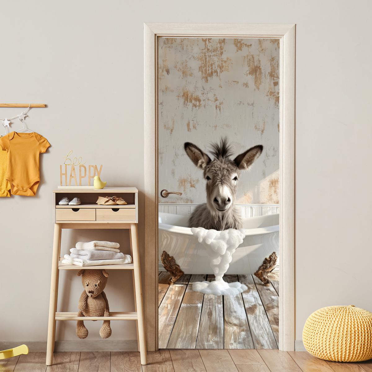 TÜRAUFKLEBER Esel - Tier - Vintage - Badewanne 80x215 cm - Türtapete - Eichefarben, Kunststoff (80/0.1cm) - MuchoWow