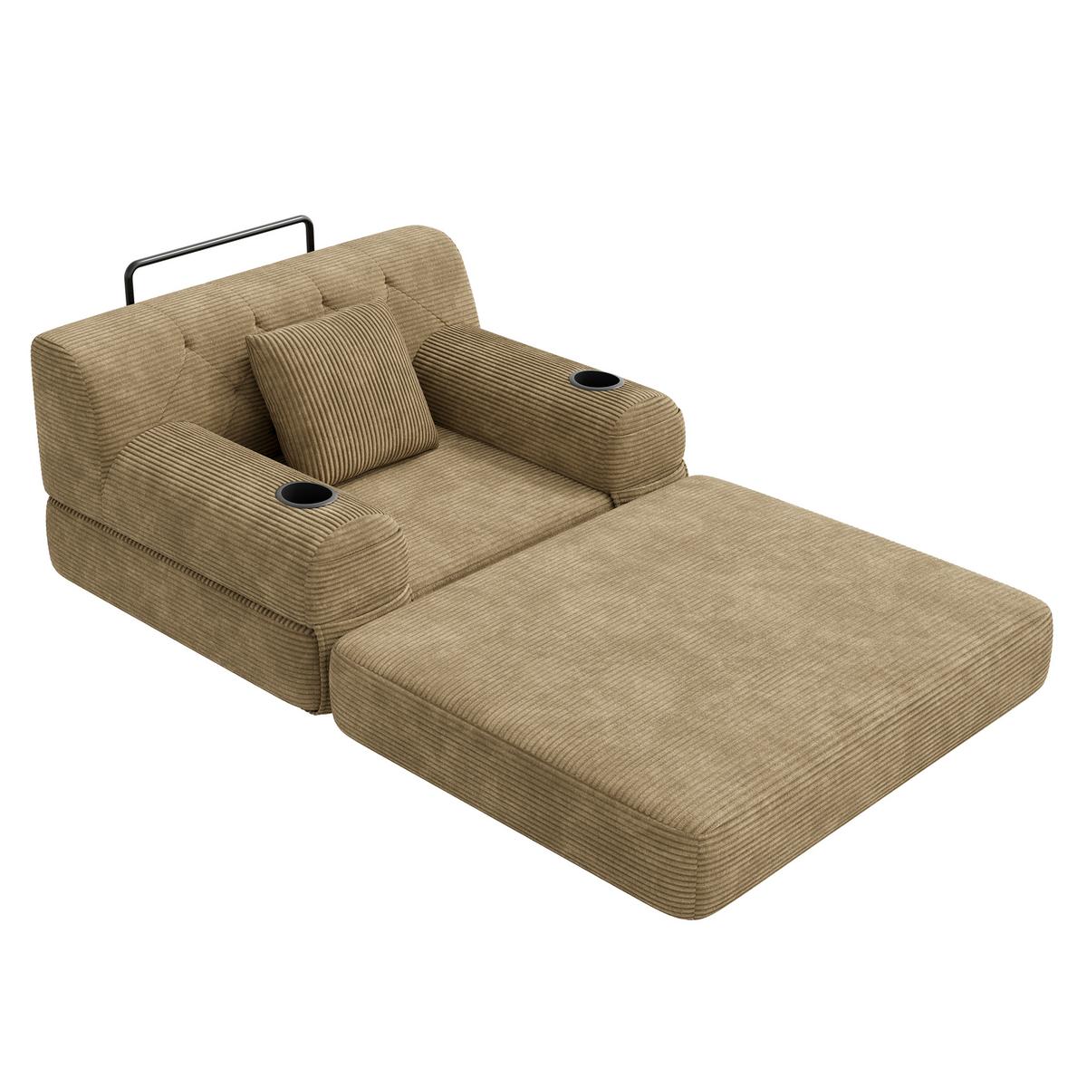 SCHLAFSOFA Cord mit Schlaffunktion, Getränkehalter & Taschen - Sandfarben, Textil (107/81/80cm) - Urban Meuble