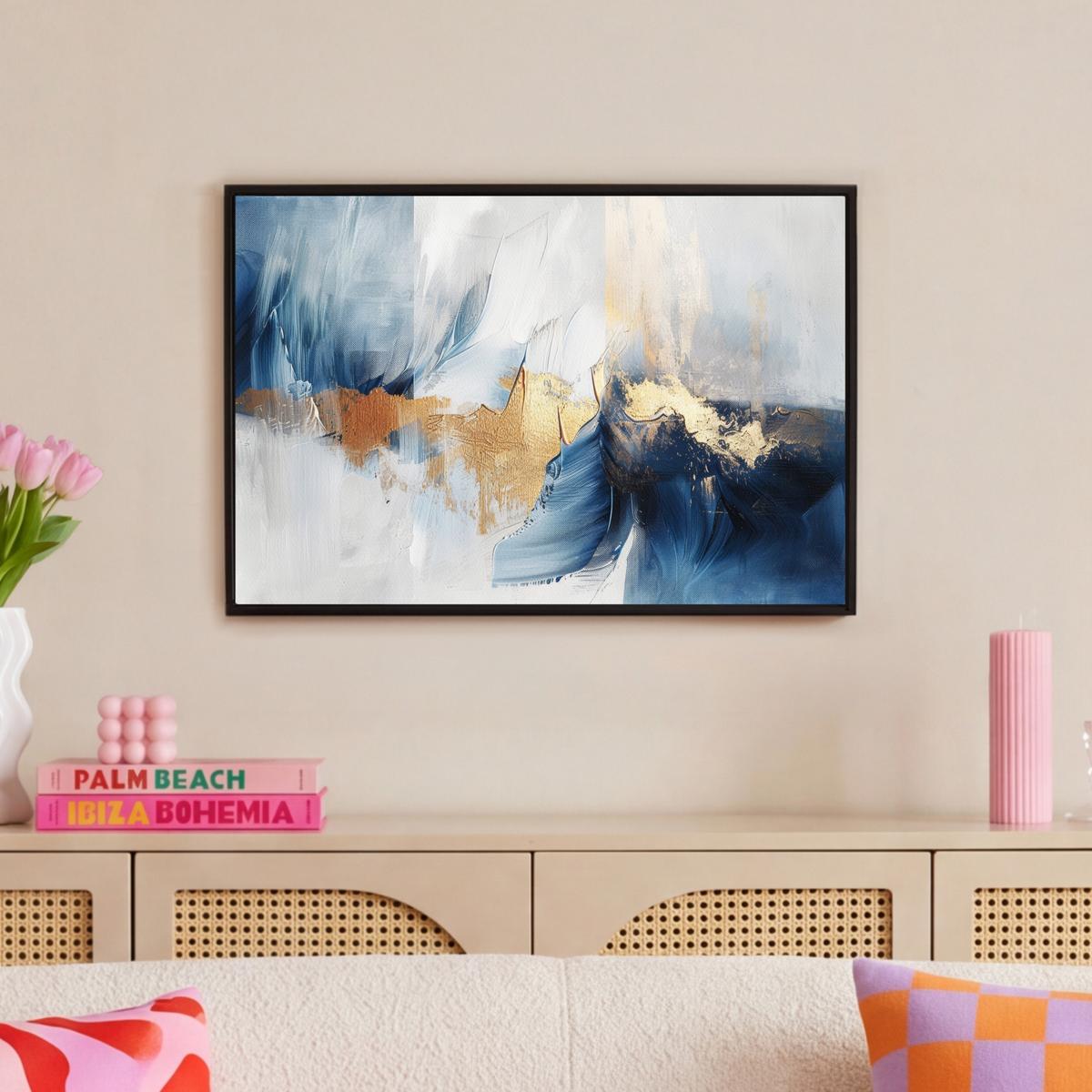 LEINWAND Bilder mit Rahmen - Gold - Blau - Aquarell - Kunst - Modern - 60x40 - Hellblau, Textil (60/40cm) - MuchoWow
