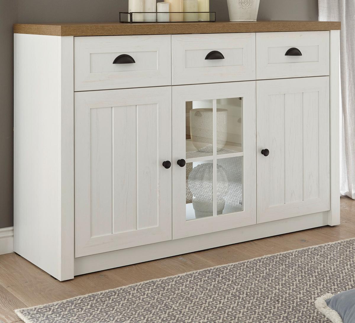 SIDEBOARD weiß Pinie, Eiche hell Landhaus, Kommode 130 x 86 cm - Eichefarben/Schwarz, Holzwerkstoff/Metall (130/86/43cm) - Furn.Design