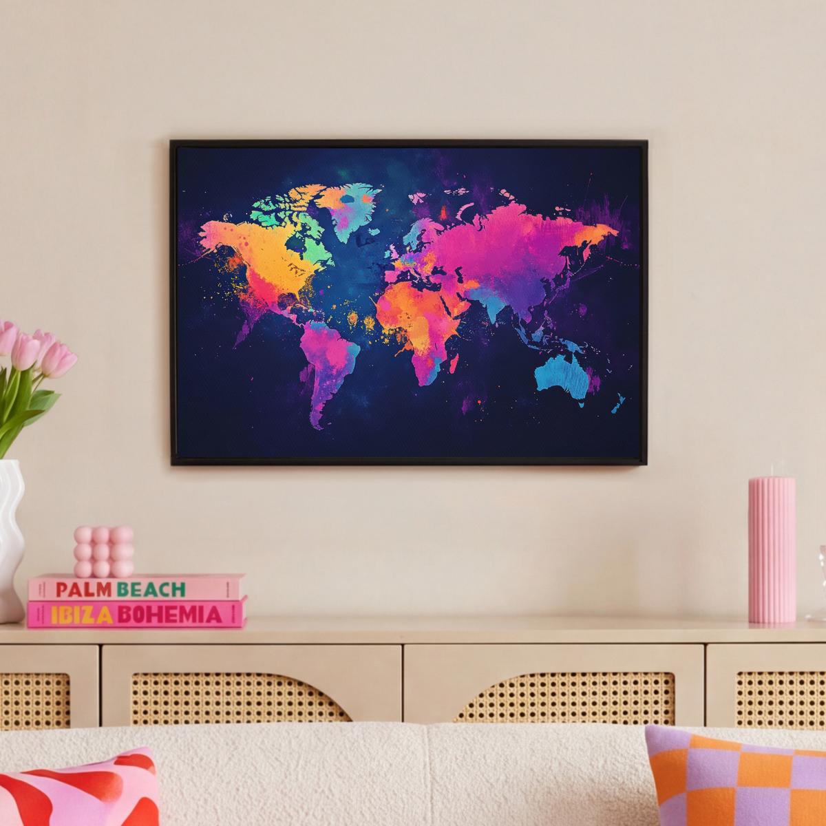 LEINWAND Bilder mit Rahmen - Weltkarte - Bunt - Graffiti - 60x40 - Multicolor, Textil (60/40cm) - MuchoWow