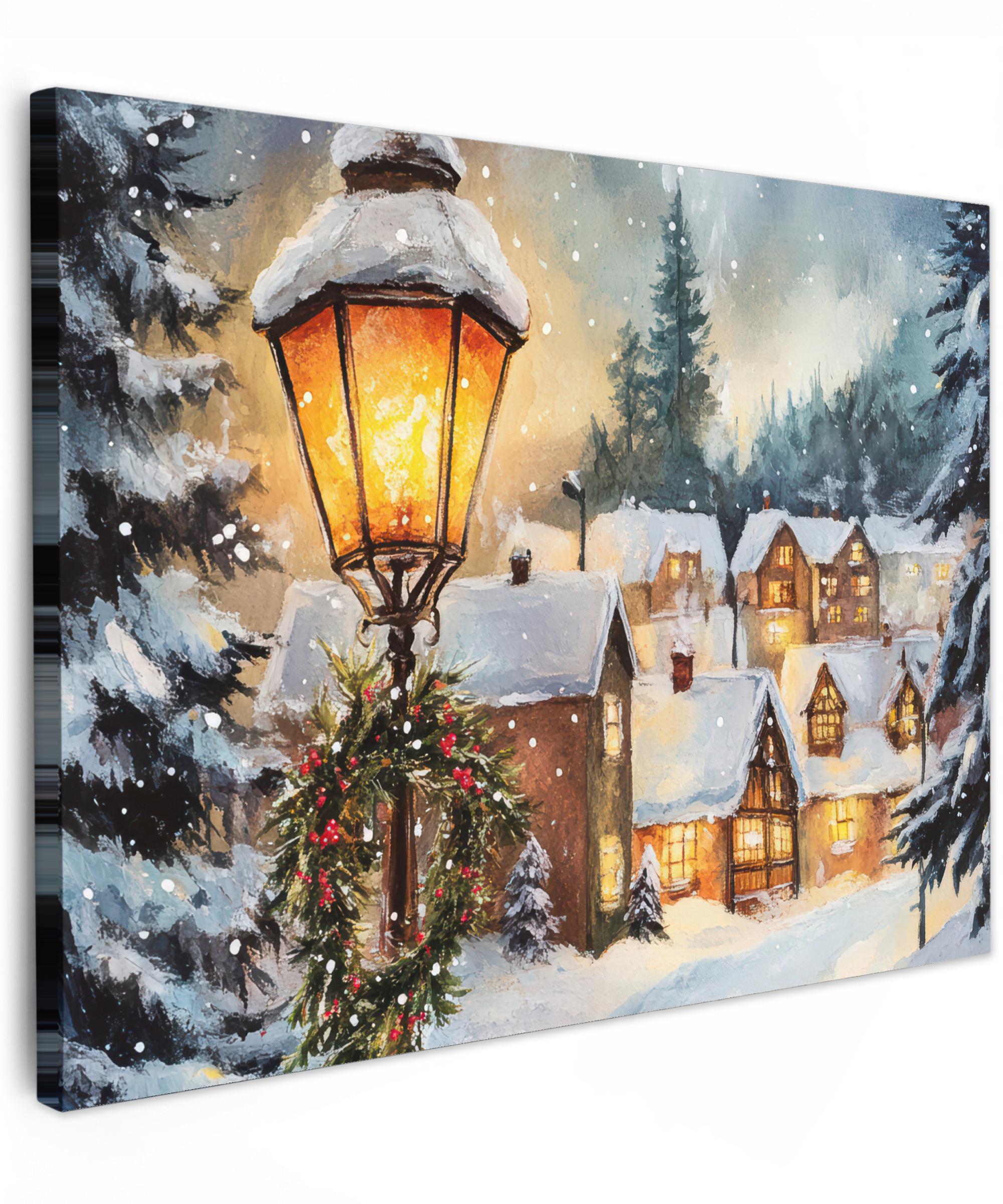 LEINWANDBILD Weihnachtsdorf - Häuser - Schnee - Weihnachten Wandbilder 80x60 cm - Sandfarben, Textil (80/60cm) - MuchoWow