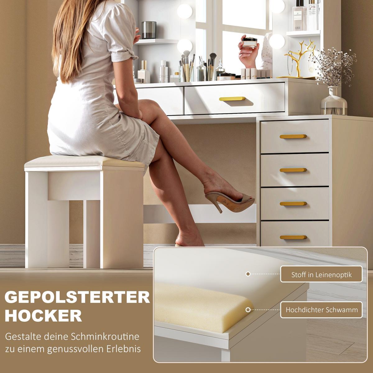 SCHMINKTISCH mit Hocker MDF Glas Weiß - Goldfarben/Weiß, Holzwerkstoff/Metall (40/140/120cm) - HOMCOM