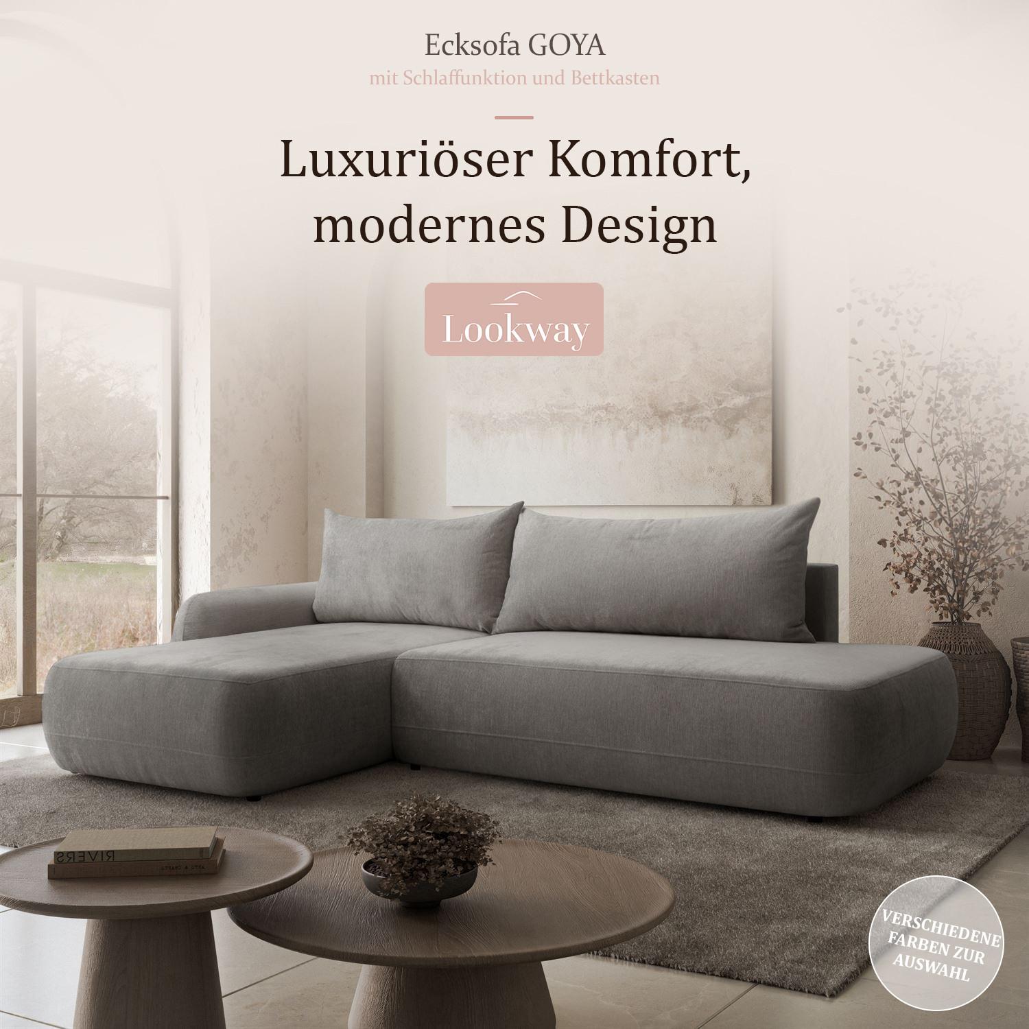 ECKSOFA GOYA mit Schlaffunktion und Bettkasten, Linke, Perfect Harmony 85 - Hellgrau, Textil (184/302cm) - Lookway