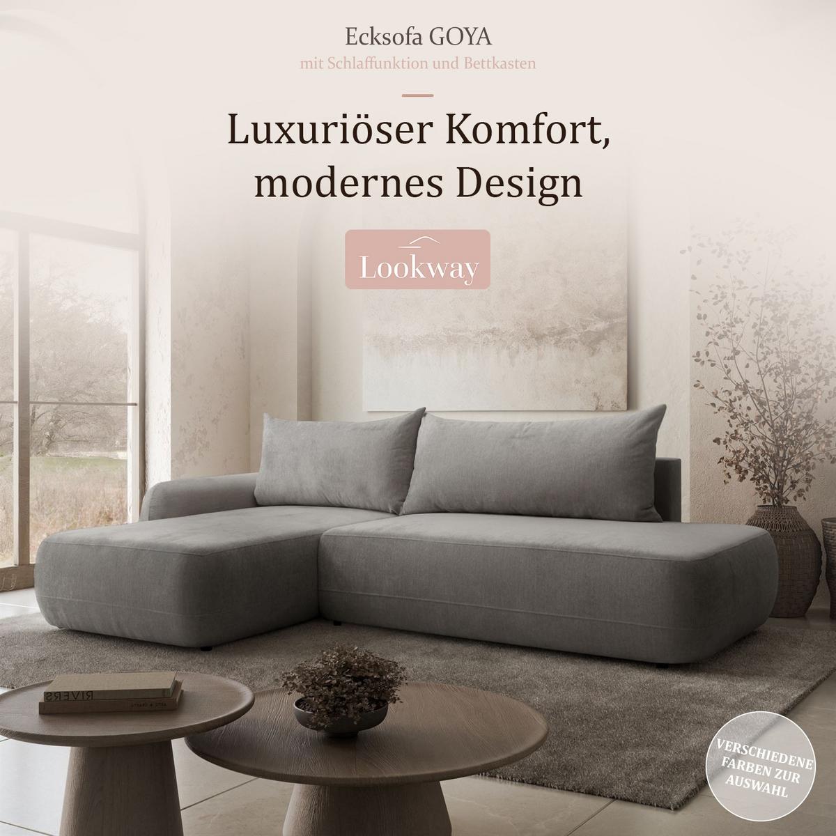 ECKSOFA GOYA mit Schlaffunktion und Bettkasten, Linke, Perfect Harmony 85 - Hellgrau, Textil (184/302cm) - Lookway