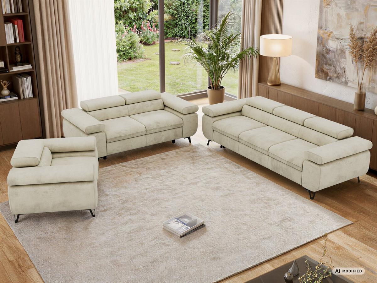SITZGARNITUR PETER 1+2+3 mit Schlaffunktion - Beige Velvet - Beige/Schwarz, Textil/Metall (262/76/99cm) - MKS