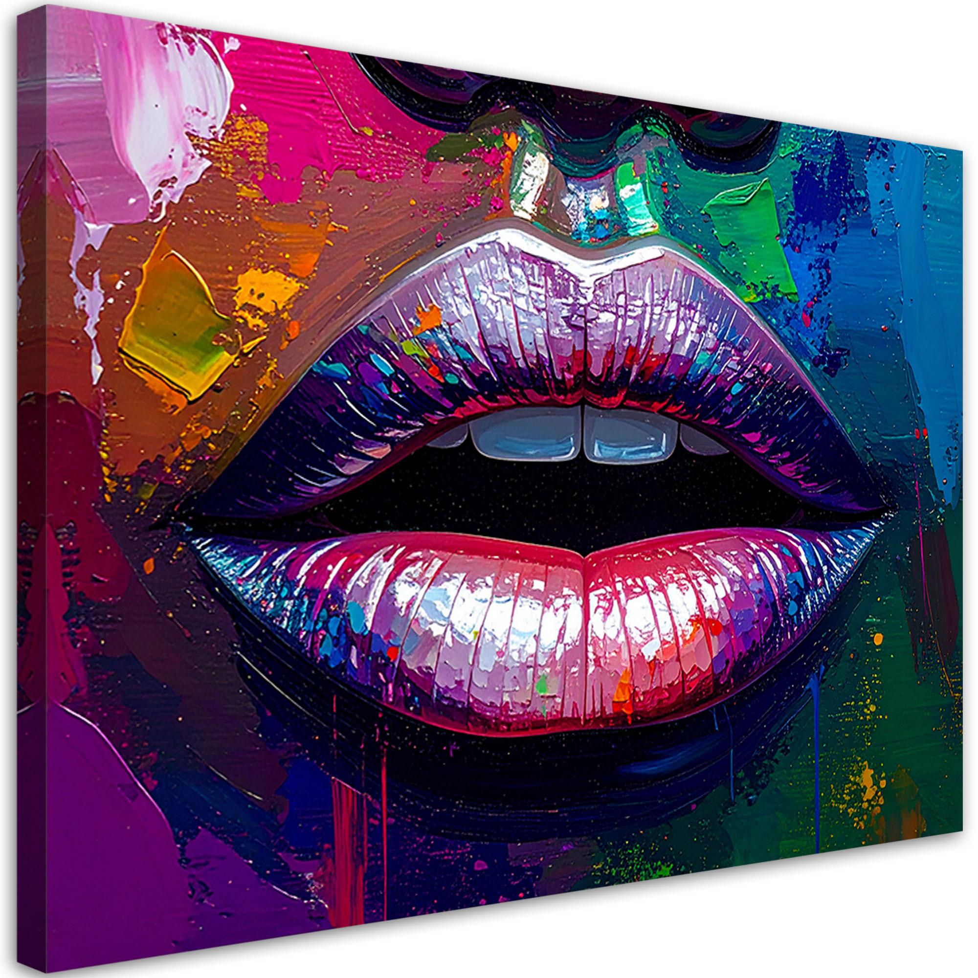 LEINWANDBILD Buntes Gesicht Lippen Frauen Abstrakt 90x60cm - Multicolor, Textil (90/60cm) - Feeby