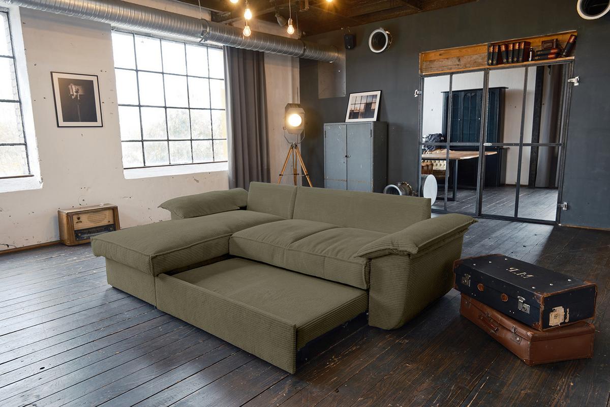 ECKSOFA DAMETO Grün Cord Mit Schlaffunktion - Schwarz/Olivgrün, Kunststoff/Textil (266/174cm) - KAWOLA