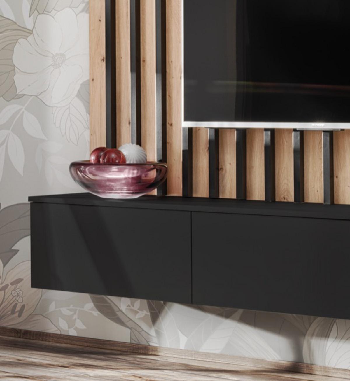 TV LOWBOARD schwarz, Artisan Eiche 180 cm, Set TV-Board inkl. Akustik Wandpanel, Push-to-Open - Schwarz/Eiche Artisan, Holzwerkstoff (180/148/35cm) - Furn.Design