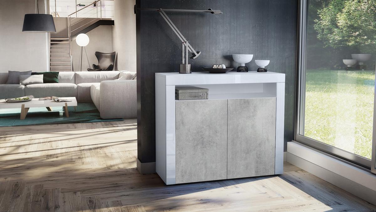 KOMMODE Valencia Beton Oxid Optik/ Weiß Hochglanz - Hellgrau/Weiß, Holzwerkstoff (108/92/40cm) - Vladon