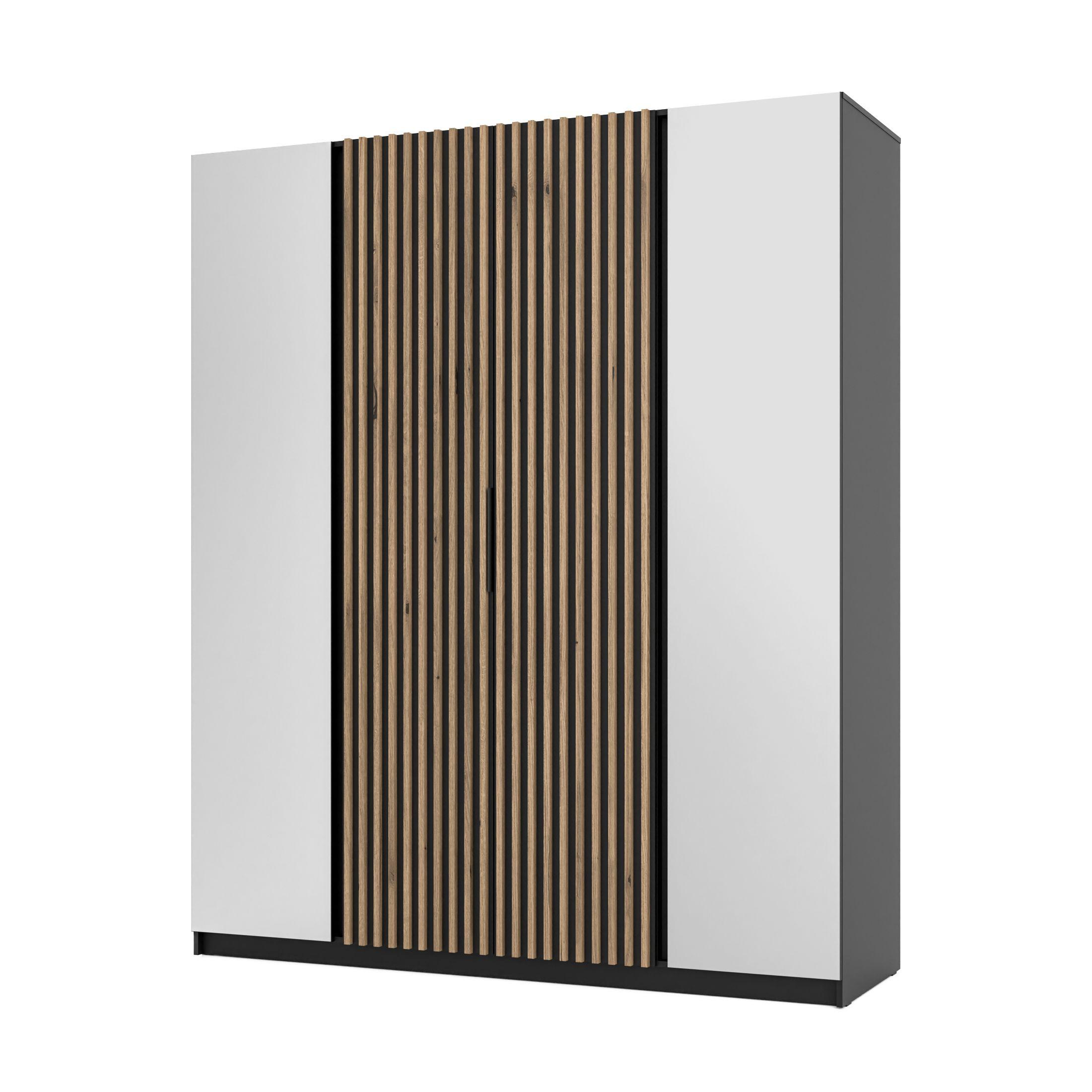 DREHTÜRENSCHRANK CAGLIARI 200/239/61,9cm 4-türig mit Spiegel Schwarz - Schwarz, Holzwerkstoff (200/239/61.9cm) - MASSENO