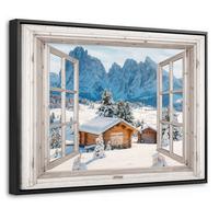 LEINWAND Bilder mit Rahmen - Winterlandschaft - Hütte - Berge - Ausblicke - Aussicht - Natur - 40x30 - Weiß Hochglanz, Textil (40/30cm) - MuchoWow