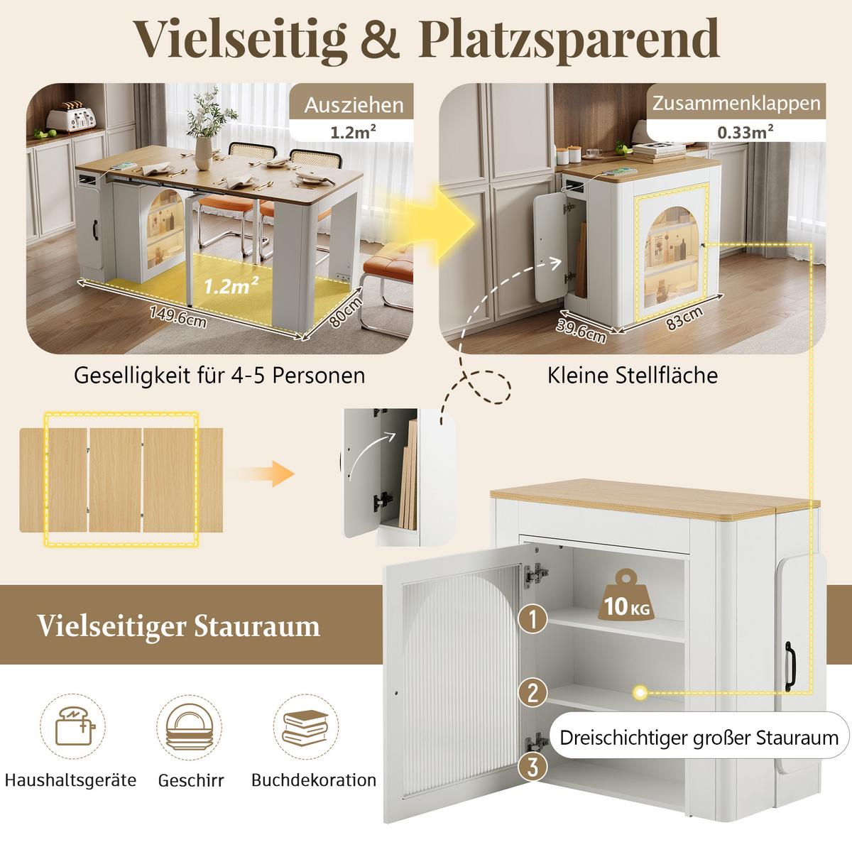 KÜCHENINSEL Mobile & Ausziehbarer Esstisch (4-in-1) mit LED - Weiß, Glas/Holzwerkstoff (83/77/40cm) - Urban Meuble