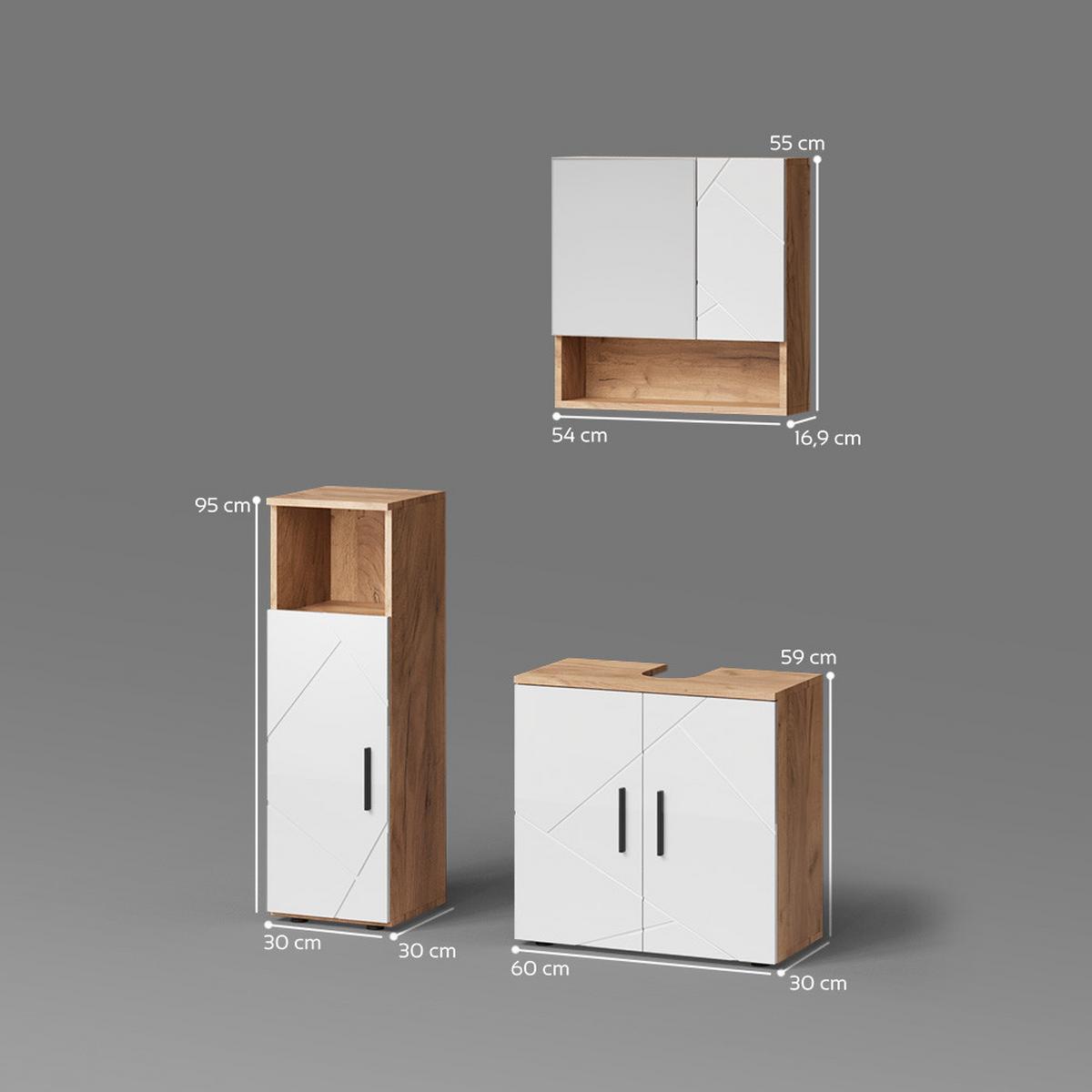 BADMÖBEL-SET Ronco Weiß Hochglanz/Goldkraft Eiche 3 Teile - Honigeiche/Weiß Hochglanz, Holzwerkstoff (60/59/30cm) - Livinity®