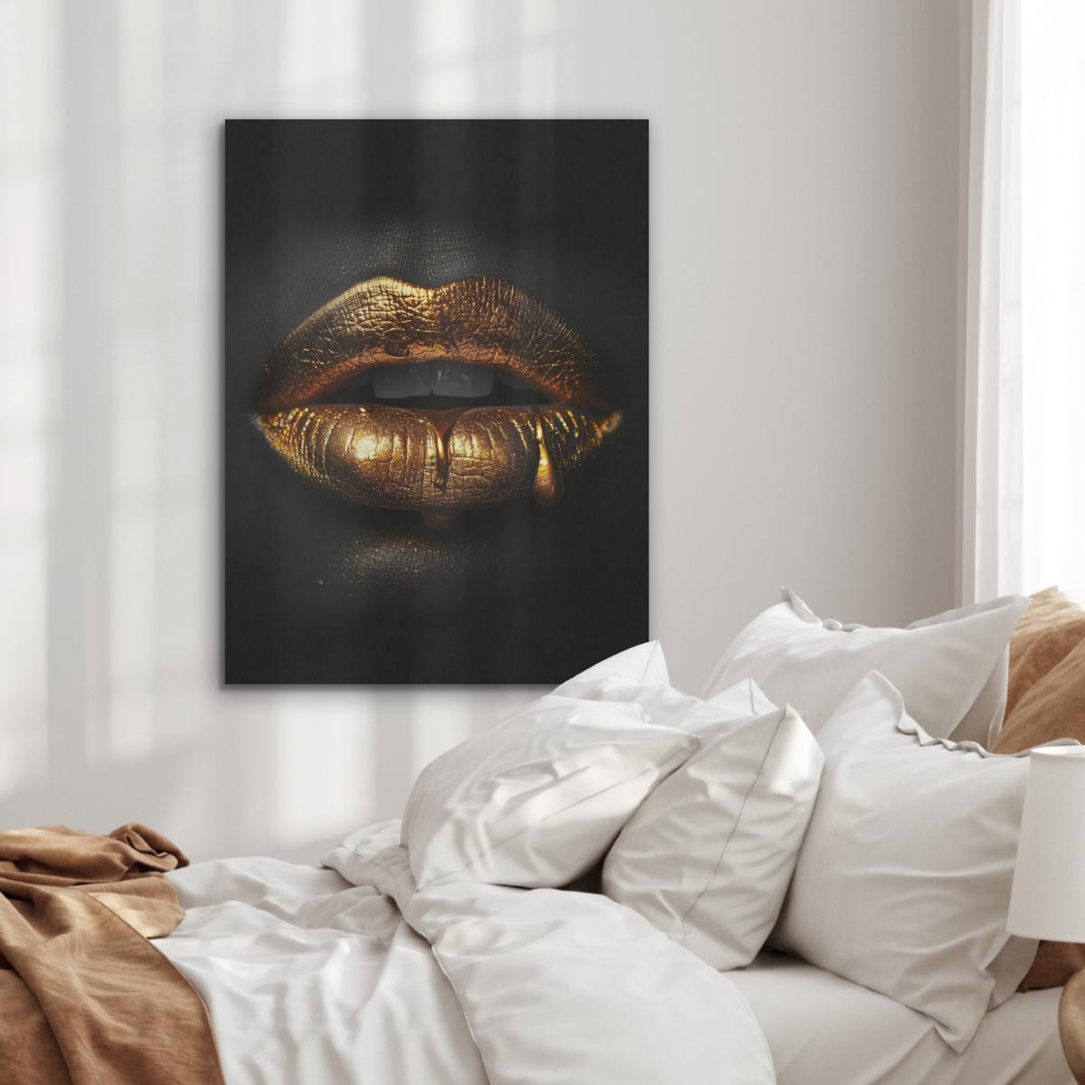 AKUSTIKBILD Frau - Porträt - Lippen - Gold - Schwarz Wandbilder 60x80 cm - Schwarz, Kunststoff (60/80/0.9cm) - MuchoWow