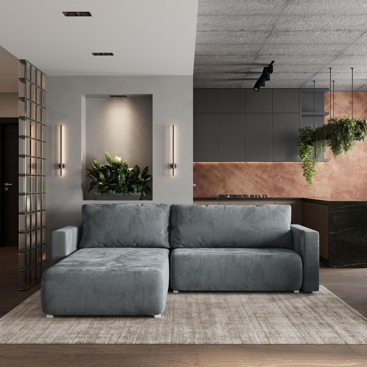 ECKSOFA TURIN M Grau Velours-Stoff mit Schlaffunktion - Grau, Holz/Kunststoff (265/183cm) - MASSENO