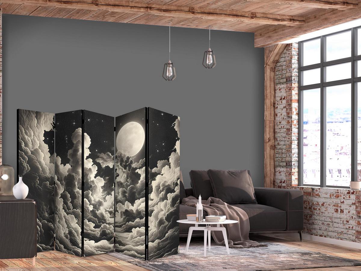 PARAVENT Einseitig Bedruckter 5-tlg 225x172 cm Mond Hinter Wolken - Schwarz, Holz/Textil (225/172/3cm) - Muralo