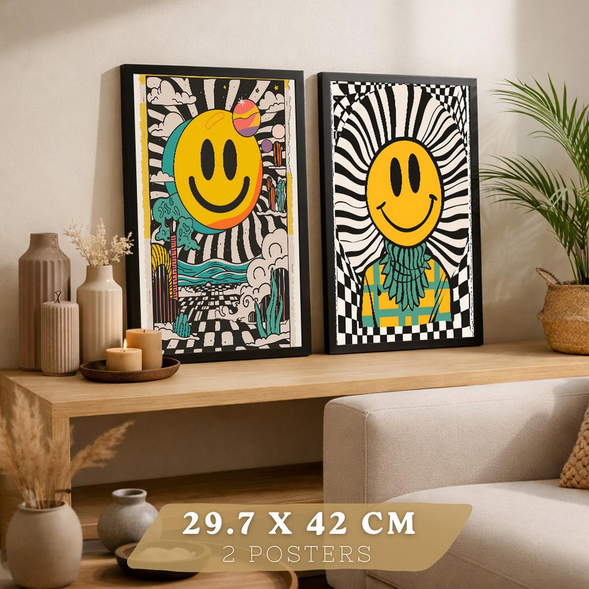 POSTER 4er Kunstdruck-Set Wandbilder Smiley Emoji modern Wohnzimmer Deko, Schlafzimmer, Küche, Badezimmer Schwarzer Rahmen A3 - Schwarz, Papier (29.7/1/42cm) - Nacnic