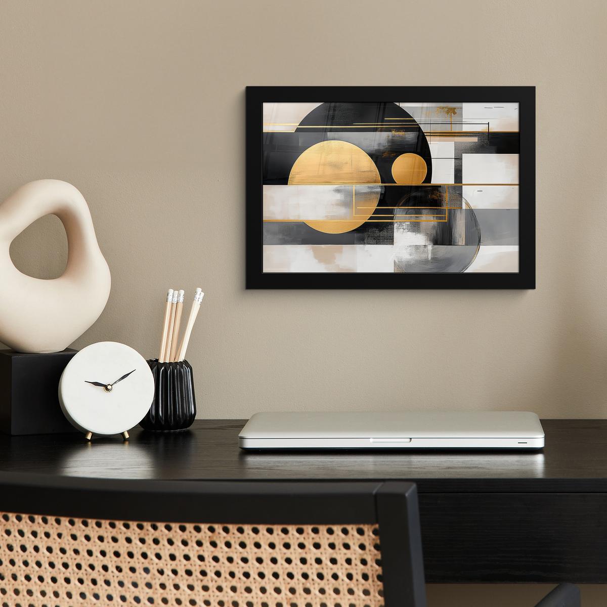 POSTER MIT RAHMENGERAHMTES BILD Abstrakt - Gold - Silber - Formen - Ästhetisch - Modern 30x20 cm - Goldfarben, Papier (30/20cm) - MuchoWow
