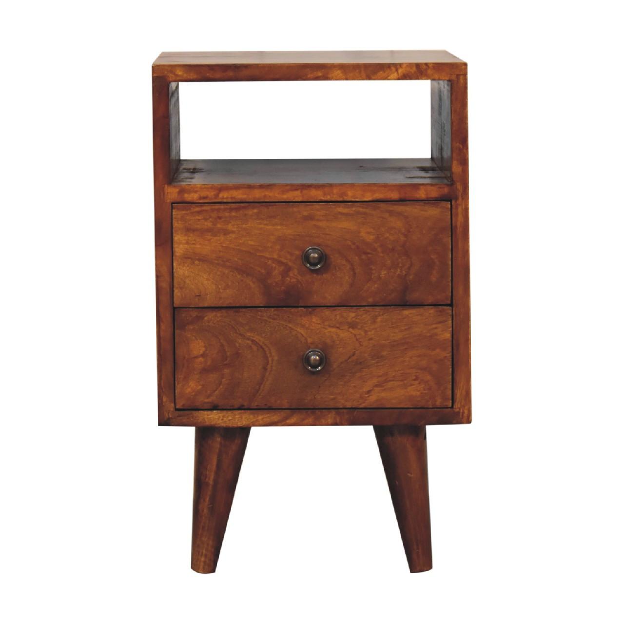 NACHTKASTEN Mini Klassisch Kastanie, 2 Schubladen und Offenes Fach, Dunkelbraun - Dunkelbraun/Messingfarben, Holz/Metall (30/50/30cm) - Artisan Furniture