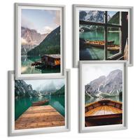 BILDER SET 4er Set - 50x50 cm & 40x60 cm Silberner Rahmen - Berglandschaften, Ferienhäuser, Boote - Silberfarben, Kunststoff (50/50cm) - TULUP